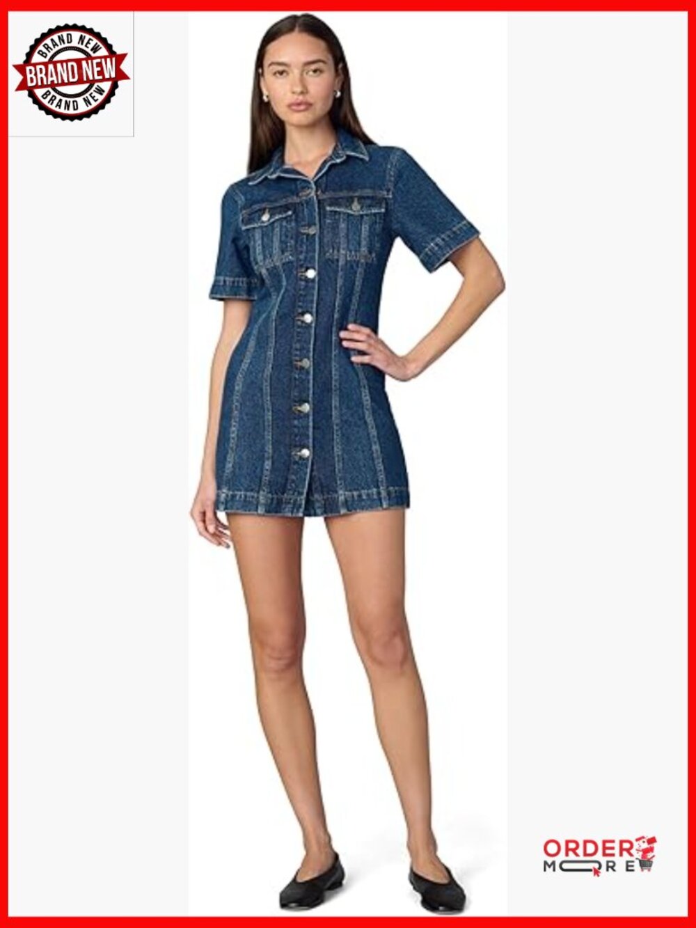 Mini Denim Shift Dress Collared Neck Button Front Short Sleeve